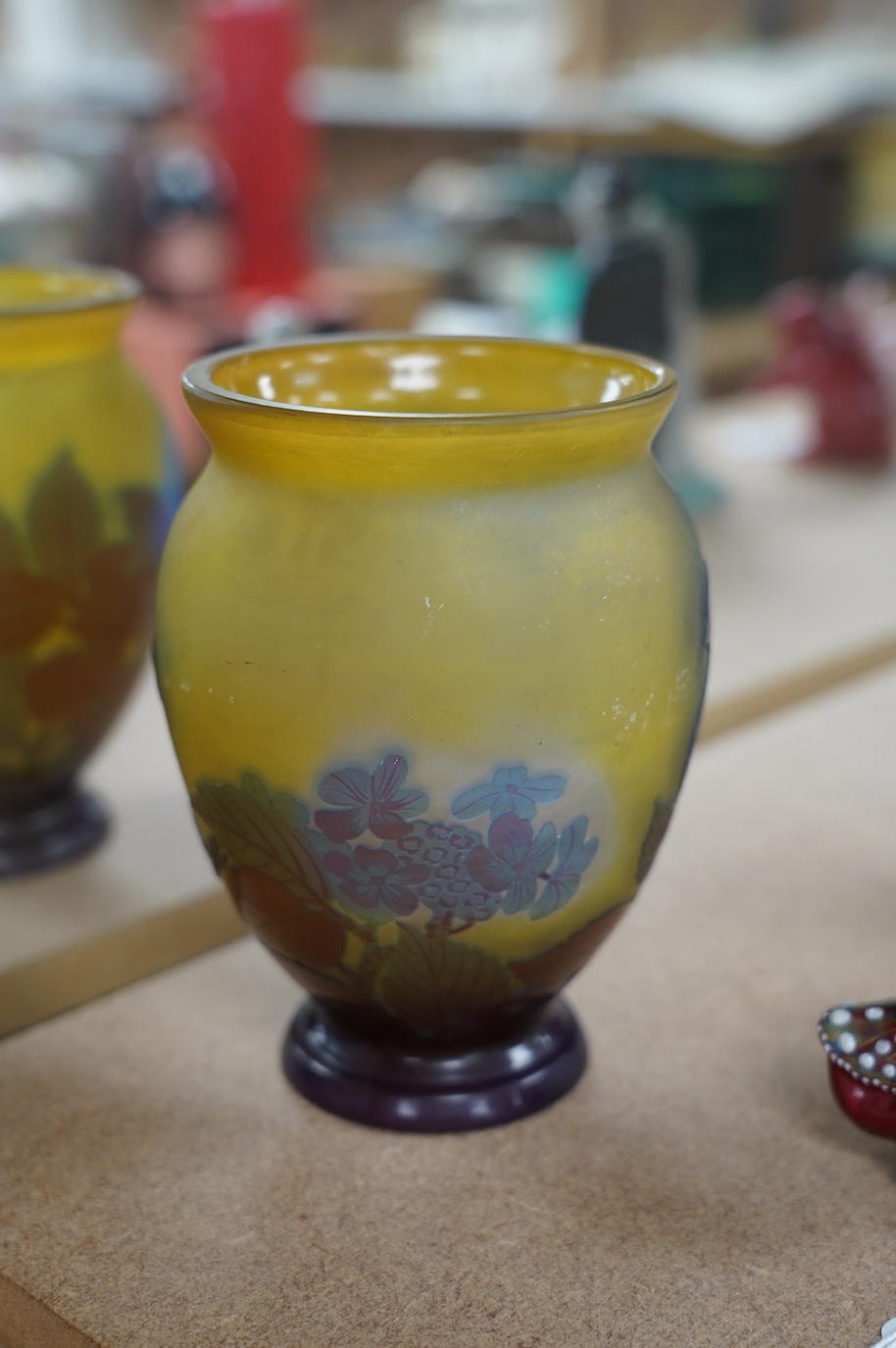 A Gallé blue globular vase with yellow ground, 15cm high. Condition - fair to good, some surface scratches and scratches to base